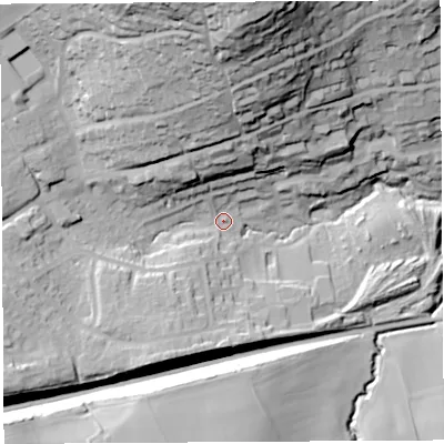 Shaded relief map of the ground around BS419BG, computed from Environment Agency LiDAR. The ground here sits at about 35 m above sea level and falls 71 m across the surrounding 800 m. Surface water reaching this point runs off ground lying to the north, 59.9 m higher.