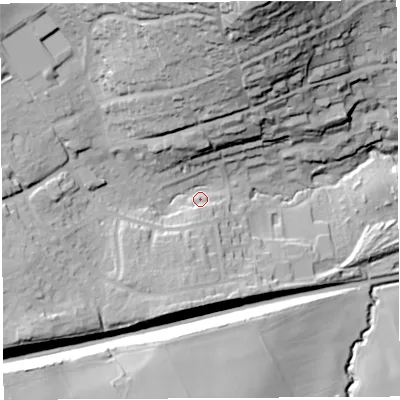 Shaded relief map of the ground around BS419BH, computed from Environment Agency LiDAR. The ground here sits at about 37 m above sea level and falls 67 m across the surrounding 800 m. Surface water reaching this point runs off ground lying to the north-north-east, 56.7 m higher.