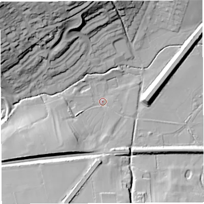 Shaded relief map of the ground around BS419LB, computed from Environment Agency LiDAR. The ground here sits at about 18 m above sea level and falls 49 m across the surrounding 800 m. Surface water reaching this point runs off ground lying to the south-south-west, 26.2 m higher.