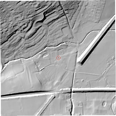 Shaded relief map of the ground around BS419LW, computed from Environment Agency LiDAR. The ground here sits at about 17 m above sea level and falls 50 m across the surrounding 800 m. Surface water reaching this point runs off ground lying to the south-south-west, 25.5 m higher.