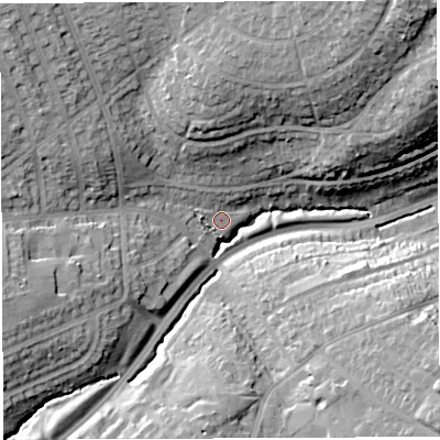 Shaded relief map of the ground around BS41FY, computed from Environment Agency LiDAR. The ground here sits at about 40 m above sea level and falls 31 m across the surrounding 800 m. Surface water reaching this point runs off ground lying to the north-west, 17.3 m higher.
