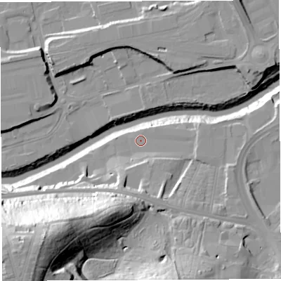 Shaded relief map of the ground around BS43AQ, computed from Environment Agency LiDAR. The ground here sits at about 10 m above sea level and falls 58 m across the surrounding 800 m. Surface water reaching this point runs off ground lying to the east, 3.5 m higher.