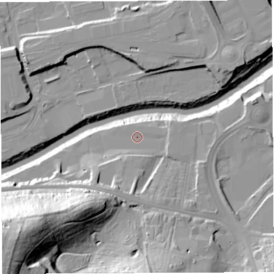 Shaded relief map of the ground around BS43AR, computed from Environment Agency LiDAR. The ground here sits at about 10 m above sea level and falls 57 m across the surrounding 800 m. Surface water reaching this point runs off ground lying to the east, 2.8 m higher.