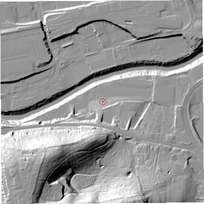 Shaded relief map of the ground around BS43DL, computed from Environment Agency LiDAR. The ground here sits at about 10 m above sea level and falls 58 m across the surrounding 800 m. Surface water reaching this point runs off ground lying to the south-south-east, 9.4 m higher.