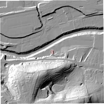 Shaded relief map of the ground around BS43EH, computed from Environment Agency LiDAR. The ground here sits at about 10 m above sea level and falls 58 m across the surrounding 800 m. Surface water reaching this point runs off ground lying to the south-south-east, 8.4 m higher.