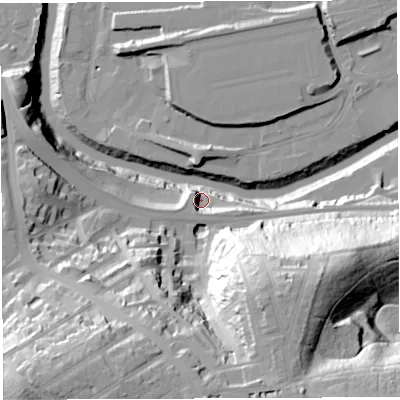 Shaded relief map of the ground around BS43EJ, computed from Environment Agency LiDAR. The ground here sits at about 10 m above sea level and falls 61 m across the surrounding 800 m. Surface water reaching this point runs off ground lying to the south-south-west, 47.0 m higher.