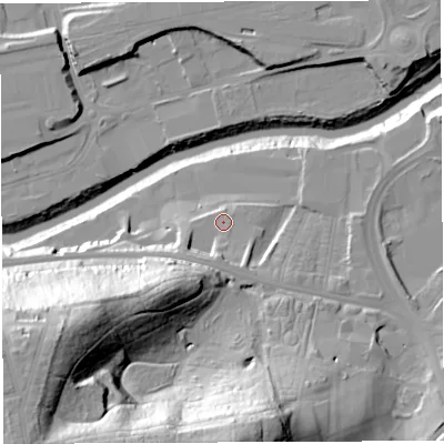 Shaded relief map of the ground around BS43EP, computed from Environment Agency LiDAR. The ground here sits at about 13 m above sea level and falls 58 m across the surrounding 800 m. Surface water reaching this point runs off ground lying to the south-south-west, 6.7 m higher.