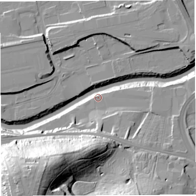 Shaded relief map of the ground around BS43ER, computed from Environment Agency LiDAR. The ground here sits at about 9 m above sea level and falls 58 m across the surrounding 800 m. Surface water reaching this point runs off ground lying to the south-south-east, 16.0 m higher.