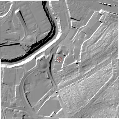 Shaded relief map of the ground around BS43QF, computed from Environment Agency LiDAR. The ground here sits at about 11 m above sea level and falls 35 m across the surrounding 800 m. Surface water reaching this point runs off ground lying to the east, 10.1 m higher.
