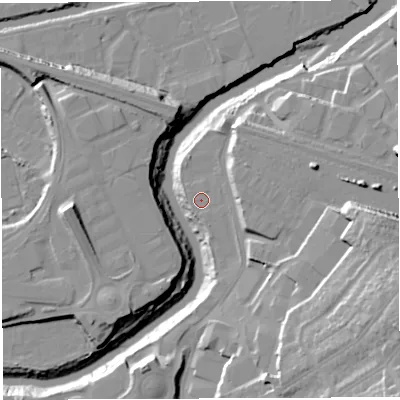 Shaded relief map of the ground around BS43QH, computed from Environment Agency LiDAR. The ground here sits at about 10 m above sea level and falls 27 m across the surrounding 800 m. Surface water reaching this point runs off ground lying to the east-south-east, 0.8 m higher.