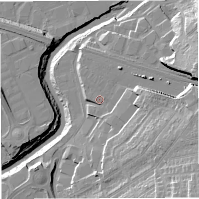 Shaded relief map of the ground around BS43QQ, computed from Environment Agency LiDAR. The ground here sits at about 15 m above sea level and falls 36 m across the surrounding 800 m. Surface water reaching this point runs off ground lying to the north, 0.5 m higher.