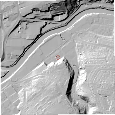 Shaded relief map of the ground around BS44AB, computed from Environment Agency LiDAR. The ground here sits at about 10 m above sea level and falls 45 m across the surrounding 800 m. Surface water reaching this point runs off ground lying to the south-south-east, 17.1 m higher.