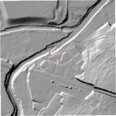 Shaded relief map of the ground around BS44AR, computed from Environment Agency LiDAR. The ground here sits at about 12 m above sea level and falls 37 m across the surrounding 800 m. Surface water reaching this point runs off ground lying to the south-south-east, 2.6 m higher.