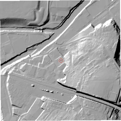 Shaded relief map of the ground around BS44AX, computed from Environment Agency LiDAR. The ground here sits at about 14 m above sea level and falls 37 m across the surrounding 800 m. Surface water reaching this point runs off ground lying to the south-east, 27.0 m higher.