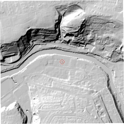Shaded relief map of the ground around BS44DG, computed from Environment Agency LiDAR. The ground here sits at about 10 m above sea level and falls 62 m across the surrounding 800 m. Surface water reaching this point runs off ground lying to the east-south-east, 2.0 m higher.