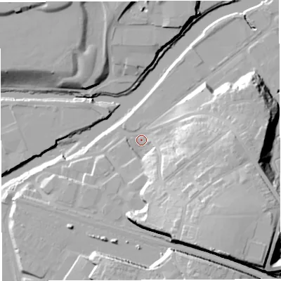 Shaded relief map of the ground around BS44DH, computed from Environment Agency LiDAR. The ground here sits at about 11 m above sea level and falls 37 m across the surrounding 800 m. Surface water reaching this point runs off ground lying to the south-south-east, 29.3 m higher.