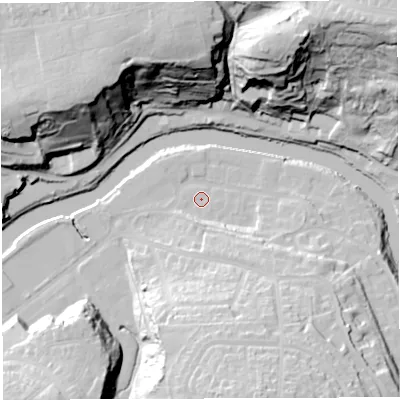 Shaded relief map of the ground around BS44DQ, computed from Environment Agency LiDAR. The ground here sits at about 10 m above sea level and falls 60 m across the surrounding 800 m. Surface water reaching this point runs off ground lying to the south, 5.3 m higher.