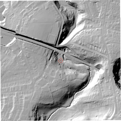 Shaded relief map of the ground around BS44DY, computed from Environment Agency LiDAR. The ground here sits at about 18 m above sea level and falls 47 m across the surrounding 800 m. Surface water reaching this point runs off ground lying to the south-east, 44.0 m higher.