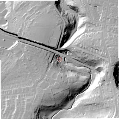 Shaded relief map of the ground around BS44DZ, computed from Environment Agency LiDAR. The ground here sits at about 18 m above sea level and falls 45 m across the surrounding 800 m. Surface water reaching this point runs off ground lying to the south-south-west, 23.5 m higher.