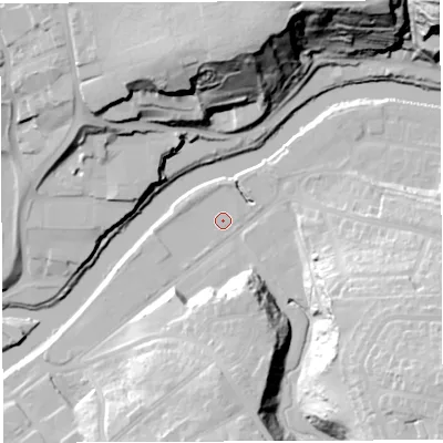 Shaded relief map of the ground around BS44EB, computed from Environment Agency LiDAR. The ground here sits at about 9 m above sea level and falls 50 m across the surrounding 800 m. Surface water reaching this point runs off ground lying to the south-east, 34.7 m higher.