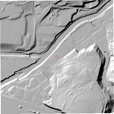 Shaded relief map of the ground around BS44ED, computed from Environment Agency LiDAR. The ground here sits at about 10 m above sea level and falls 35 m across the surrounding 800 m. The ground contributing surface water to this point lies to the east-north-east.