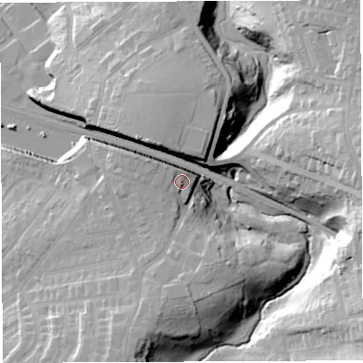 Shaded relief map of the ground around BS44ES, computed from Environment Agency LiDAR. The ground here sits at about 35 m above sea level and falls 37 m across the surrounding 800 m. Surface water reaching this point runs off ground lying to the west-north-west, 5.0 m higher.