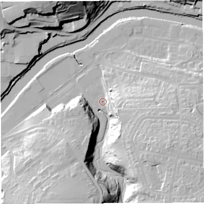 Shaded relief map of the ground around BS44EU, computed from Environment Agency LiDAR. The ground here sits at about 11 m above sea level and falls 41 m across the surrounding 800 m. Surface water reaching this point runs off ground lying to the east-south-east, 21.0 m higher.