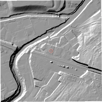 Shaded relief map of the ground around BS44EX, computed from Environment Agency LiDAR. The ground here sits at about 15 m above sea level and falls 36 m across the surrounding 800 m. Surface water reaching this point runs off ground lying to the south-east, 1.3 m higher.