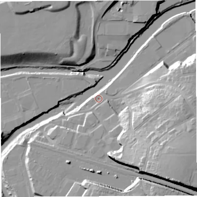 Shaded relief map of the ground around BS44GH, computed from Environment Agency LiDAR. The ground here sits at about 11 m above sea level and falls 37 m across the surrounding 800 m. Surface water reaching this point runs off ground lying to the south-east, 33.8 m higher.