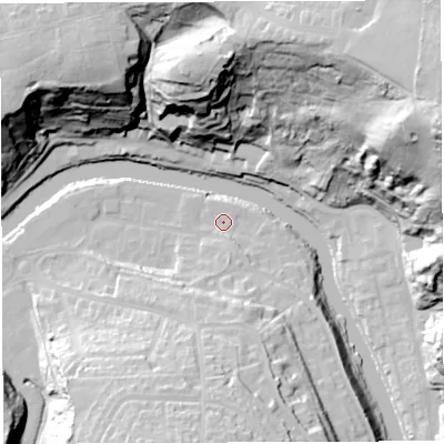 Shaded relief map of the ground around BS44HX, computed from Environment Agency LiDAR. The ground here sits at about 11 m above sea level and falls 70 m across the surrounding 800 m. Surface water reaching this point runs off ground lying to the south, 13.4 m higher.