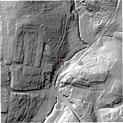 Shaded relief map of the ground around BS44JS, computed from Environment Agency LiDAR. The ground here sits at about 25 m above sea level and falls 35 m across the surrounding 800 m. Surface water reaching this point runs off ground lying to the south-east, 30.5 m higher.