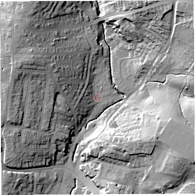Shaded relief map of the ground around BS44JT, computed from Environment Agency LiDAR. The ground here sits at about 24 m above sea level and falls 44 m across the surrounding 800 m. Surface water reaching this point runs off ground lying to the north-east, 42.6 m higher.