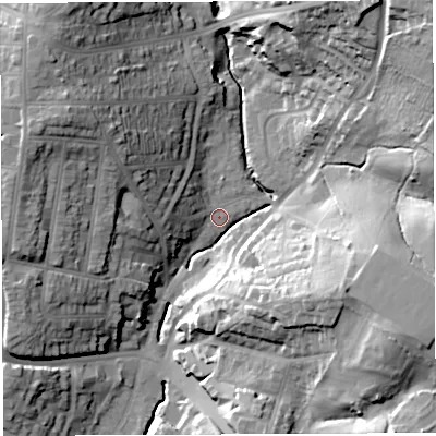 Shaded relief map of the ground around BS44JU, computed from Environment Agency LiDAR. The ground here sits at about 24 m above sea level and falls 44 m across the surrounding 800 m. Surface water reaching this point runs off ground lying to the north-east, 41.5 m higher.