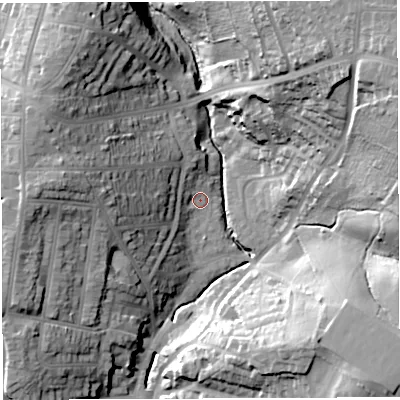 Shaded relief map of the ground around BS44LA, computed from Environment Agency LiDAR. The ground here sits at about 24 m above sea level and falls 45 m across the surrounding 800 m. Surface water reaching this point runs off ground lying to the north-east, 43.3 m higher.