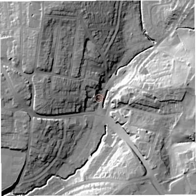 Shaded relief map of the ground around BS44LF, computed from Environment Agency LiDAR. The ground here sits at about 27 m above sea level and falls 29 m across the surrounding 800 m. Surface water reaching this point runs off ground lying to the east, 25.9 m higher.