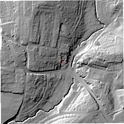 Shaded relief map of the ground around BS44LG, computed from Environment Agency LiDAR. The ground here sits at about 28 m above sea level and falls 29 m across the surrounding 800 m. Surface water reaching this point runs off ground lying to the west-north-west, 14.2 m higher.