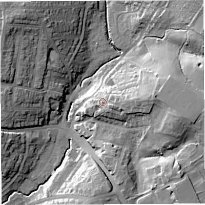 Shaded relief map of the ground around BS44LT, computed from Environment Agency LiDAR. The ground here sits at about 40 m above sea level and falls 37 m across the surrounding 800 m. Surface water reaching this point runs off ground lying to the east, 10.9 m higher.