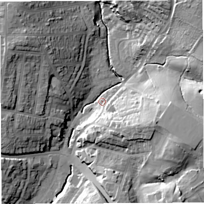 Shaded relief map of the ground around BS44LY, computed from Environment Agency LiDAR. The ground here sits at about 26 m above sea level and falls 44 m across the surrounding 800 m. Surface water reaching this point runs off ground lying to the south-east, 31.2 m higher.