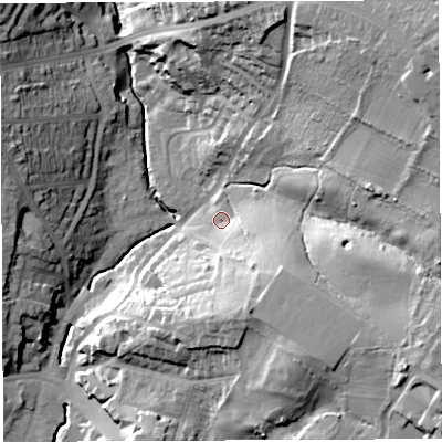 Shaded relief map of the ground around BS44ND, computed from Environment Agency LiDAR. The ground here sits at about 28 m above sea level and falls 50 m across the surrounding 800 m. Surface water reaching this point runs off ground lying to the south-east, 18.7 m higher.