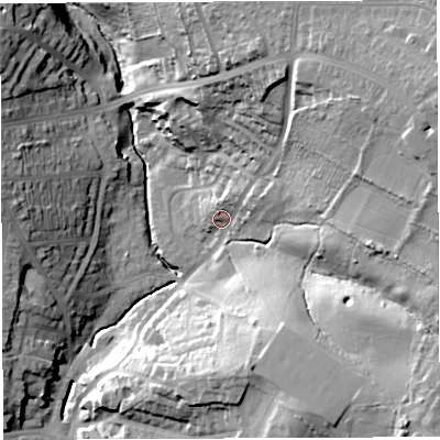 Shaded relief map of the ground around BS44NF, computed from Environment Agency LiDAR. The ground here sits at about 29 m above sea level and falls 51 m across the surrounding 800 m. Surface water reaching this point runs off ground lying to the east-north-east, 39.0 m higher.