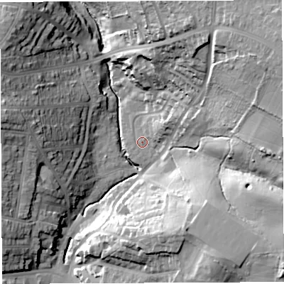 Shaded relief map of the ground around BS44NG, computed from Environment Agency LiDAR. The ground here sits at about 25 m above sea level and falls 48 m across the surrounding 800 m. Surface water reaching this point runs off ground lying to the east-north-east, 45.8 m higher.