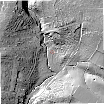 Shaded relief map of the ground around BS44NQ, computed from Environment Agency LiDAR. The ground here sits at about 24 m above sea level and falls 48 m across the surrounding 800 m. Surface water reaching this point runs off ground lying to the east-north-east, 45.2 m higher.