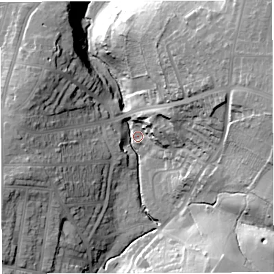 Shaded relief map of the ground around BS44PU, computed from Environment Agency LiDAR. The ground here sits at about 22 m above sea level and falls 48 m across the surrounding 800 m. Surface water reaching this point runs off ground lying to the west-south-west, 27.8 m higher.