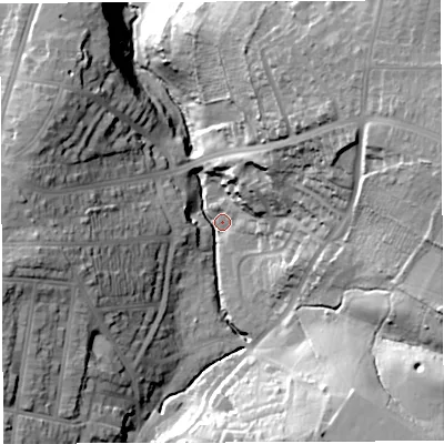 Shaded relief map of the ground around BS44PX, computed from Environment Agency LiDAR. The ground here sits at about 22 m above sea level and falls 48 m across the surrounding 800 m. Surface water reaching this point runs off ground lying to the east-north-east, 44.8 m higher.