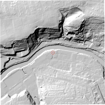 Shaded relief map of the ground around BS44RH, computed from Environment Agency LiDAR. The ground here sits at about 11 m above sea level and falls 60 m across the surrounding 800 m. Surface water reaching this point runs off ground lying to the west, 4.6 m higher.