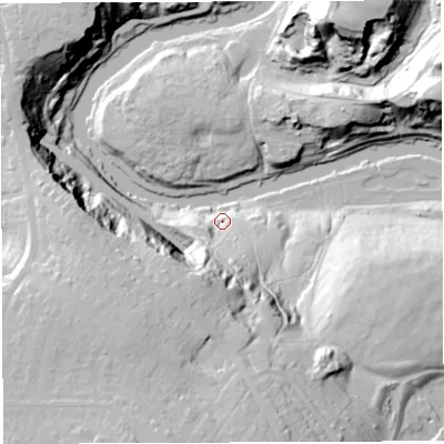 Shaded relief map of the ground around BS44RP, computed from Environment Agency LiDAR. The ground here sits at about 15 m above sea level and falls 59 m across the surrounding 800 m. Surface water reaching this point runs off ground lying to the south-south-west, 47.1 m higher.