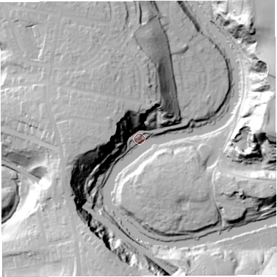 Shaded relief map of the ground around BS44RQ, computed from Environment Agency LiDAR. The ground here sits at about 10 m above sea level and falls 50 m across the surrounding 800 m. Surface water reaching this point runs off ground lying to the south, 49.2 m higher.