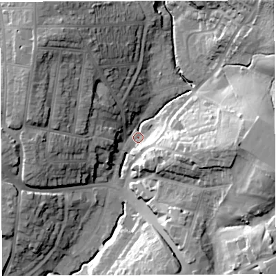 Shaded relief map of the ground around BS44SL, computed from Environment Agency LiDAR. The ground here sits at about 25 m above sea level and falls 33 m across the surrounding 800 m. Surface water reaching this point runs off ground lying to the south-east, 30.1 m higher.