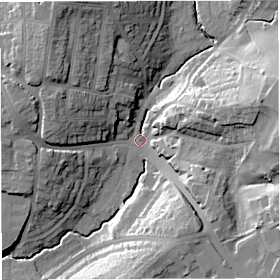 Shaded relief map of the ground around BS45AD, computed from Environment Agency LiDAR. The ground here sits at about 25 m above sea level and falls 30 m across the surrounding 800 m. Surface water reaching this point runs off ground lying to the east-south-east, 27.1 m higher.