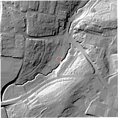 Shaded relief map of the ground around BS45AE, computed from Environment Agency LiDAR. The ground here sits at about 26 m above sea level and falls 29 m across the surrounding 800 m. Surface water reaching this point runs off ground lying to the east-south-east, 24.4 m higher.